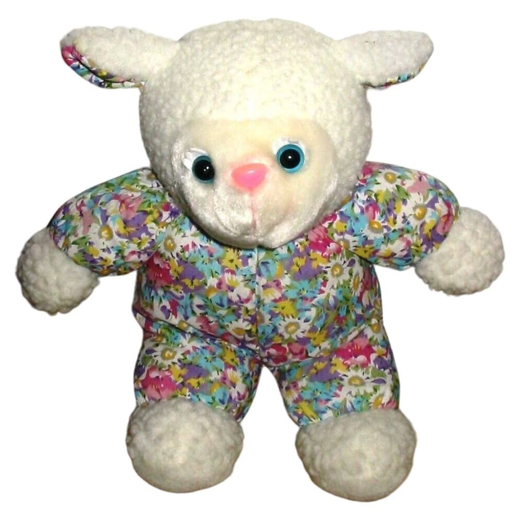Plush White Lamb in Spring Floral Outfit Blue Glass Eyes 12 Inch Soft Toy